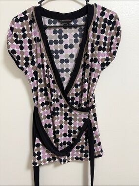 BCBGMAXAZRIA Polka Dot Wrap Top in Pink, Black & Taupe